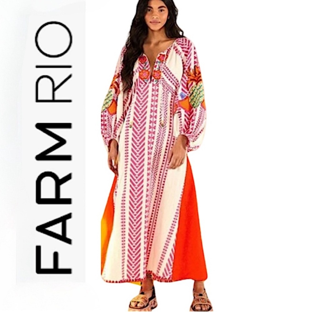 FARM RIO.NWT.Jacquard Gorgeous boho longsleeve maxi dress. Red/Cream/Multi Col.L